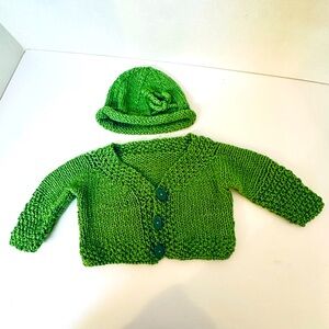 Handmade Green Knit Baby Cardigan and Hat Set - brand new